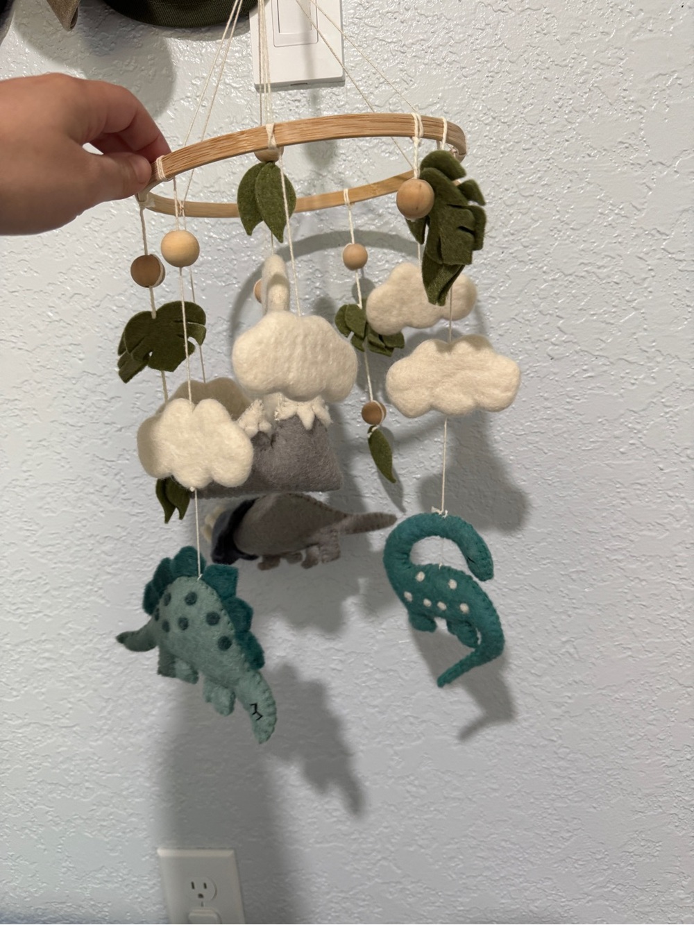 Handmade Felt Dino Mobile in Green, Teal, Gray and Cream - Picture 2 of 3